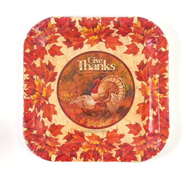 9" Harvest Turkey Design Square Plates 8ct