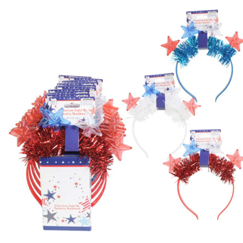 Patriotic Light Up Star Headband With Tinsel Assorted