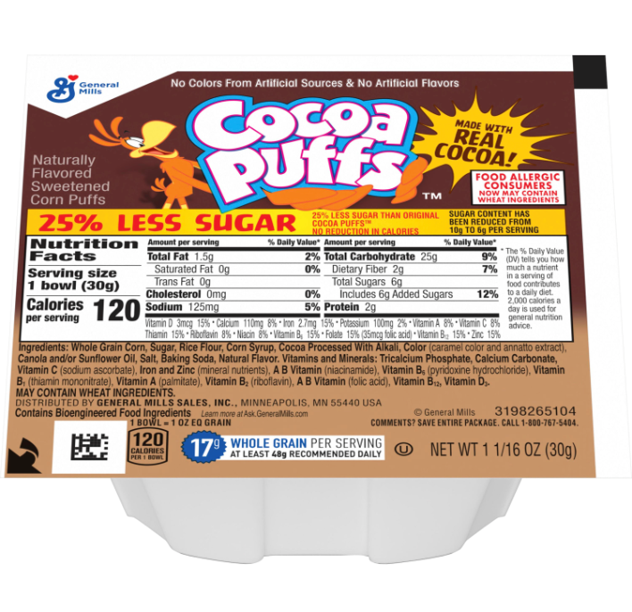 Cocoa Puffs Reduced Sugar Cereal Single Serve Cup 1oz (BEST BY: JAN 25)